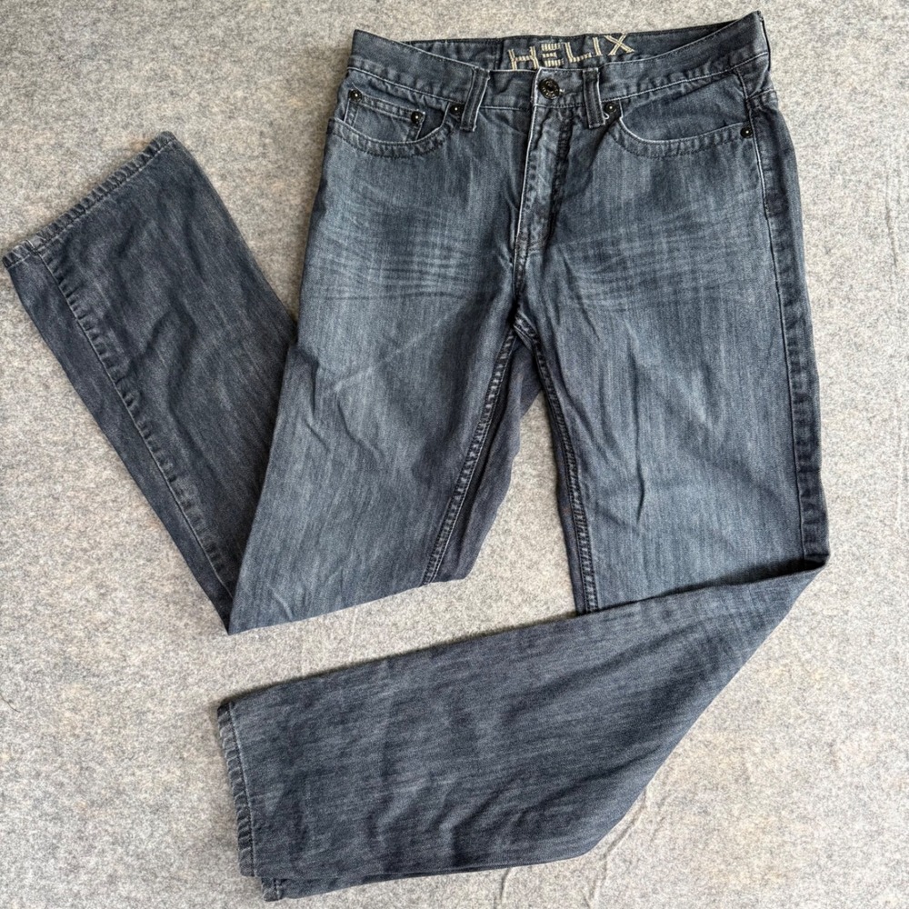 Helix Mens Bootcut Jeans Dark Gray Cross Embroidered Pockets 32x34 Y2K Grunge